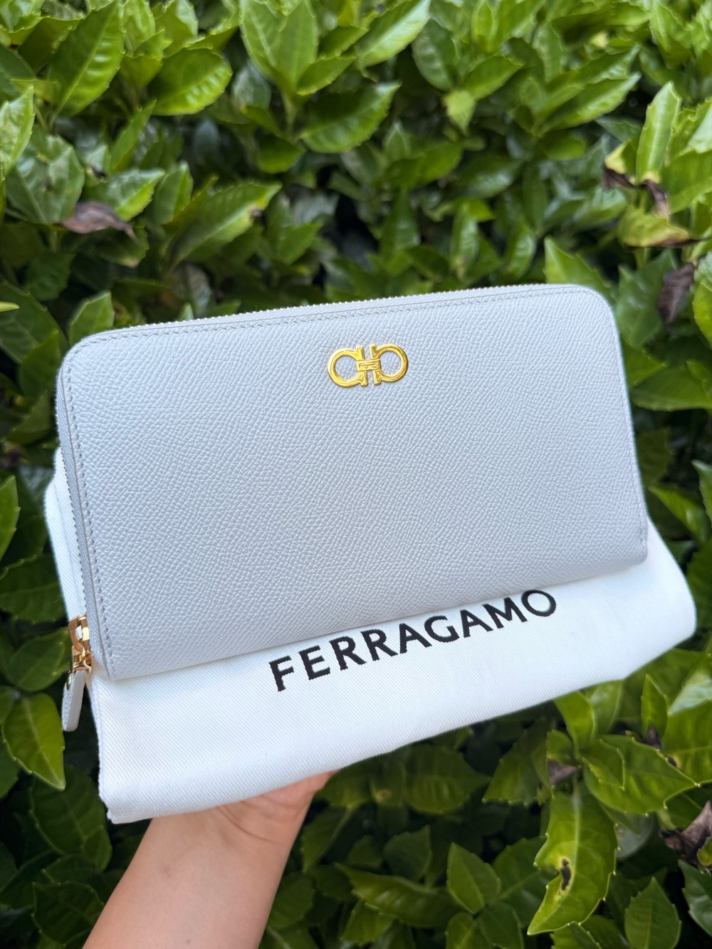 Salvatore Ferragamo Gancini Zip Around Wallet Pale Blue Gray Saffiano Leather - Picture 2 of 14